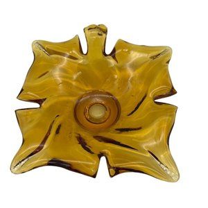 Vintage Amber Glass Ashtray Leaf Shaped Trinket Dish 6"
